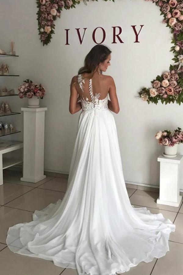 A-Line White Chiffon Appliques See Through Boho Wedding Dress (ZD15377)