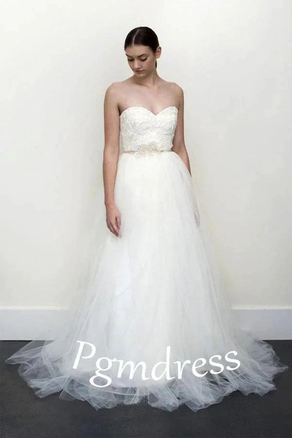 A-line White Lace  Grey Tulle Strapless Sweetheart Neck Wedding Dress (ZD16353)