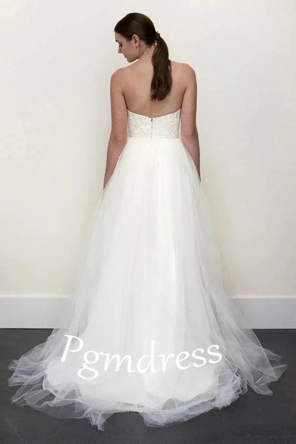 A-line White Lace  Grey Tulle Strapless Sweetheart Neck Wedding Dress (ZD16353)