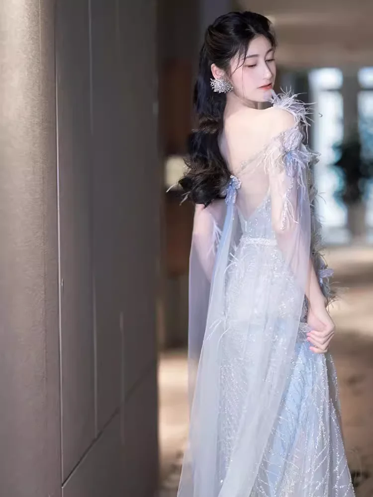 A line Straps Sequin Beads Long Evening Dress Prom Dresses With Flowers