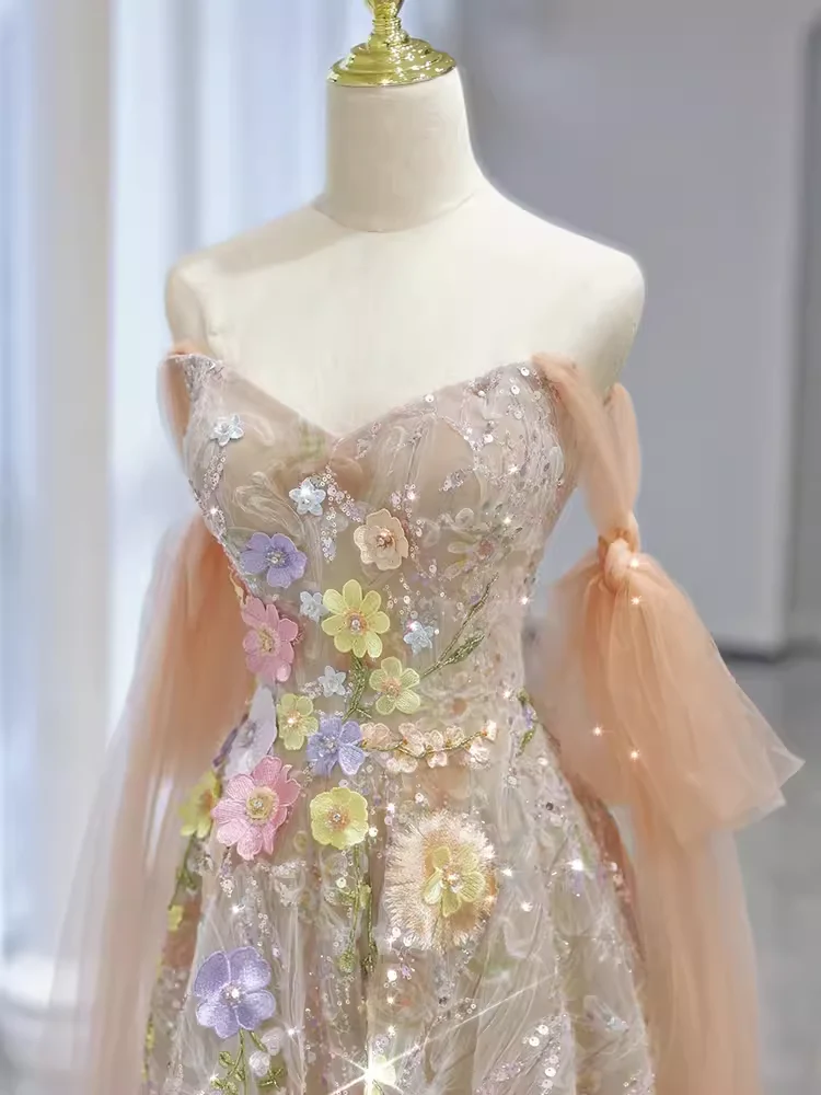 A line Straps Floral Lace Long Evening Dress Prom Dress