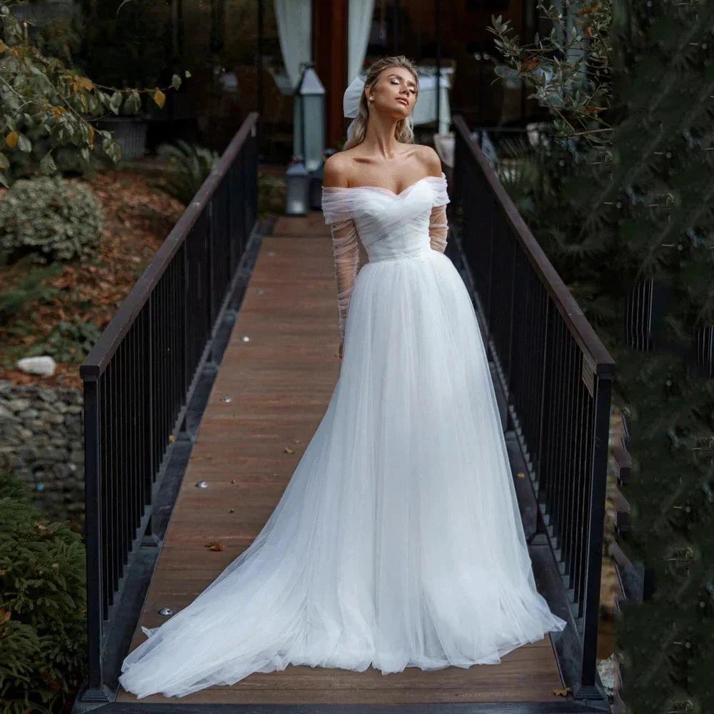Simple Tulle Long Sleevees Wedding Dresses 2023 For Bridal Off Shoulder Backless A-Line Sweep Train Boho Vestido De Novia (ZD13435)