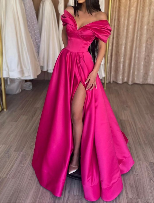 Chic Pleated Off Shoulder Slit Evening Dress Hot Pink A Line Party Prom Dress - View 3 | VelvetHem