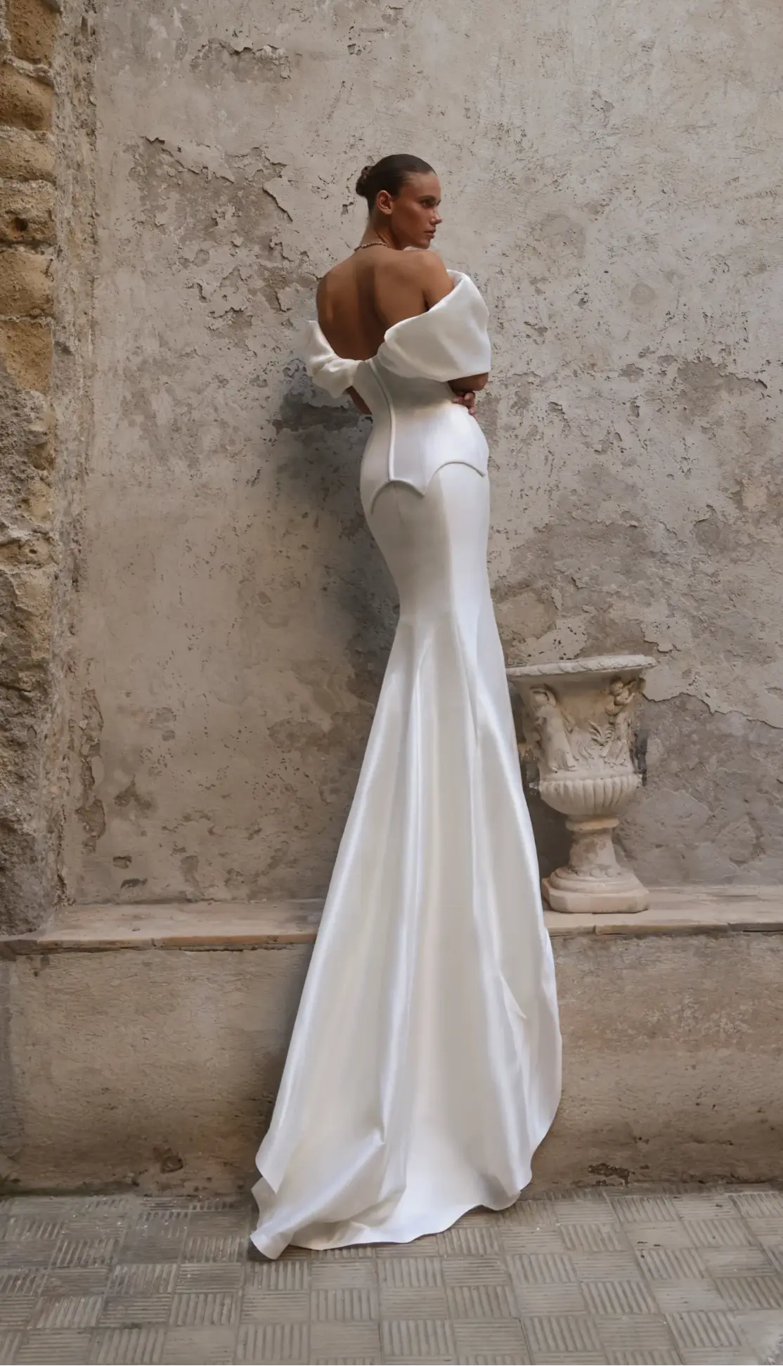 Luxury White Satin Off-the-Shoulder Puff Sleeve Mermaid Wedding Dress ZP126