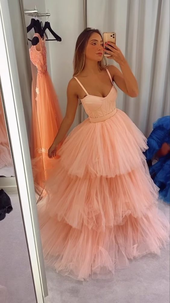 Spaghetti Straps Tulle Evening Dress Peach Senior Prom Dress - VelvetHem