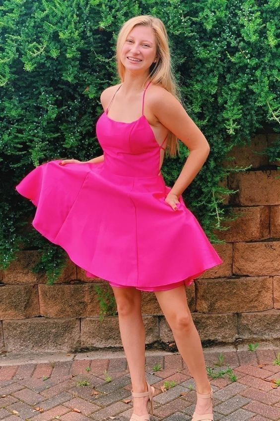 Princess A Line Hot Pink Straps Short Homecoming Dresses With Pockets Y34 by simplepromdress