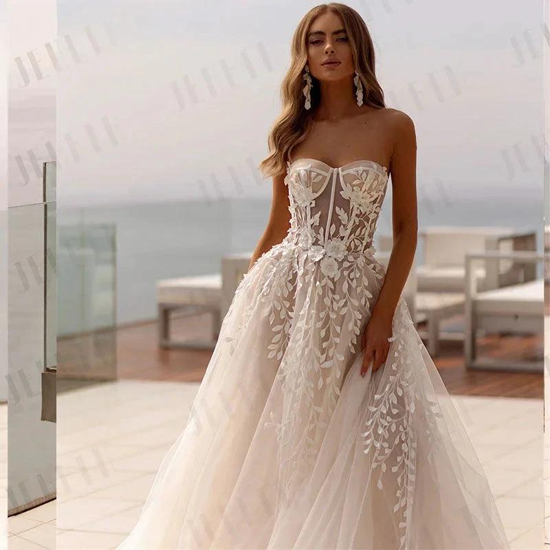 Fashion Strapless 3D Flower Lace Applique Wedding Dresses Sweep Train Custom Bridal Grown Vestido De Noival (ZD13432)
