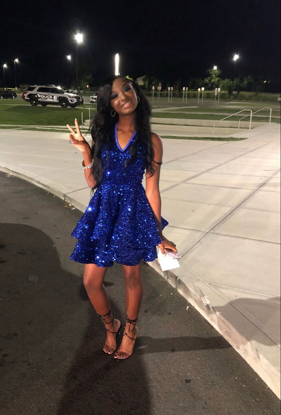 Royal Blue Sequins A-line Graduation Dress Royal Blue Short Homecoming Dress Royal Blue Party Dress Y1850 - VelvetHem