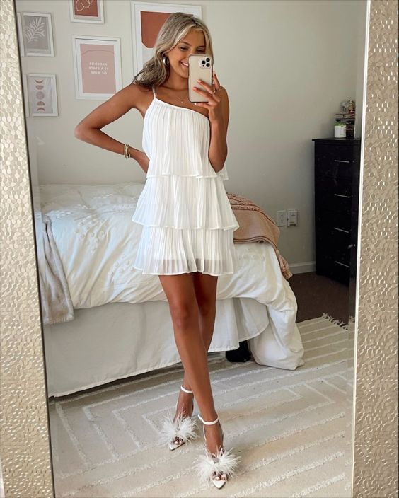 White Pleated One-shoulder Graduation Dress White Short Homecoming Dress Y1846 - VelvetHem