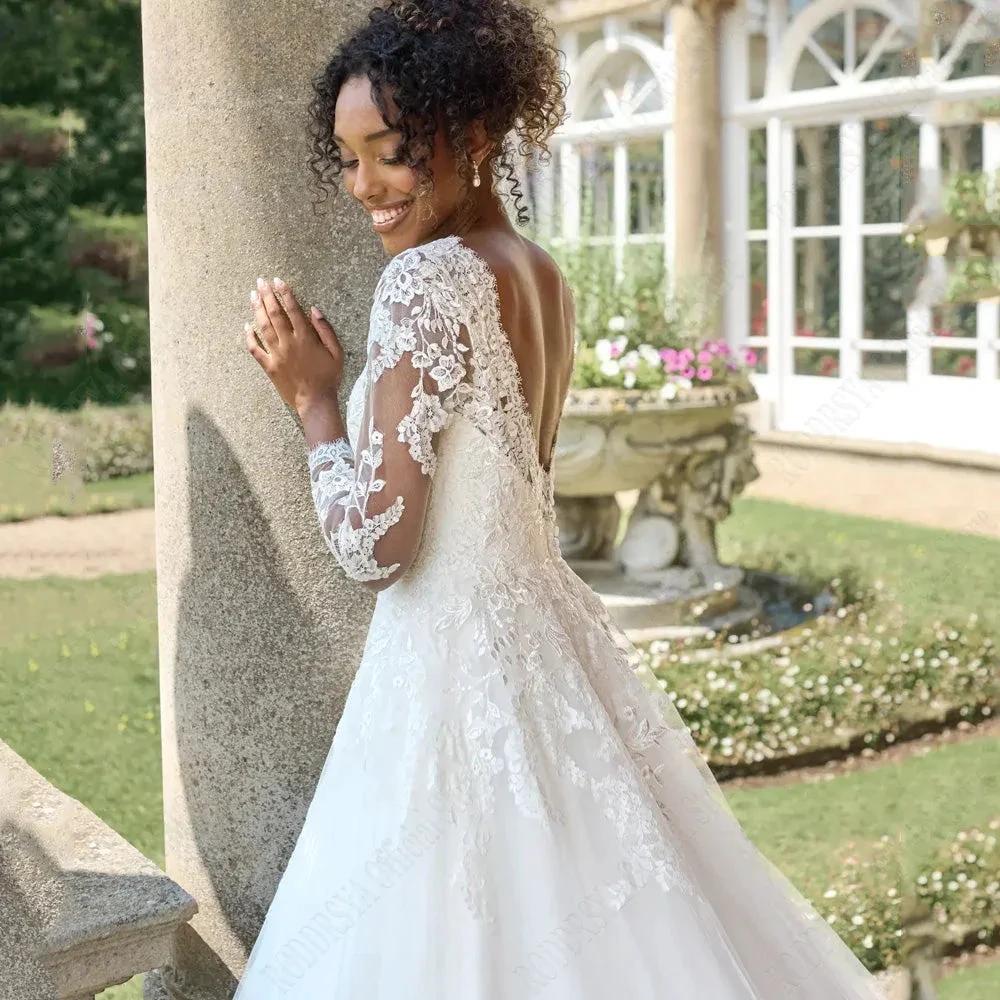 Civil Wedding Dresses For 2024 Bride Long Sleeves Backless Scoop Bride Gowns A-Line Lace Applique vestido de noiva (ZD13516)