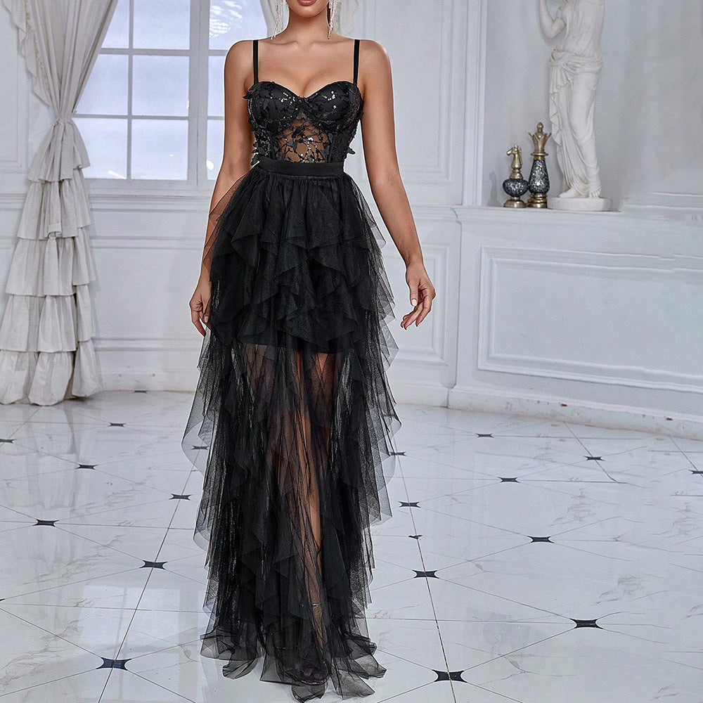 Spring Summer Women Clothing Sexy Dress Butterfly Sequin Stitching Mesh Evening Dress - Shop Now! - VelvetHem