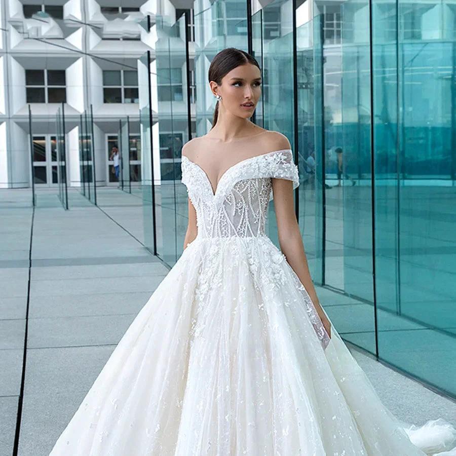 Sexy Sweetheart Lace Wedding Dresses Women's V-neck Decal Princess Wedding Formal Party 2023 Off Shoulder Beaded Romantic Bridal (ZD14157)