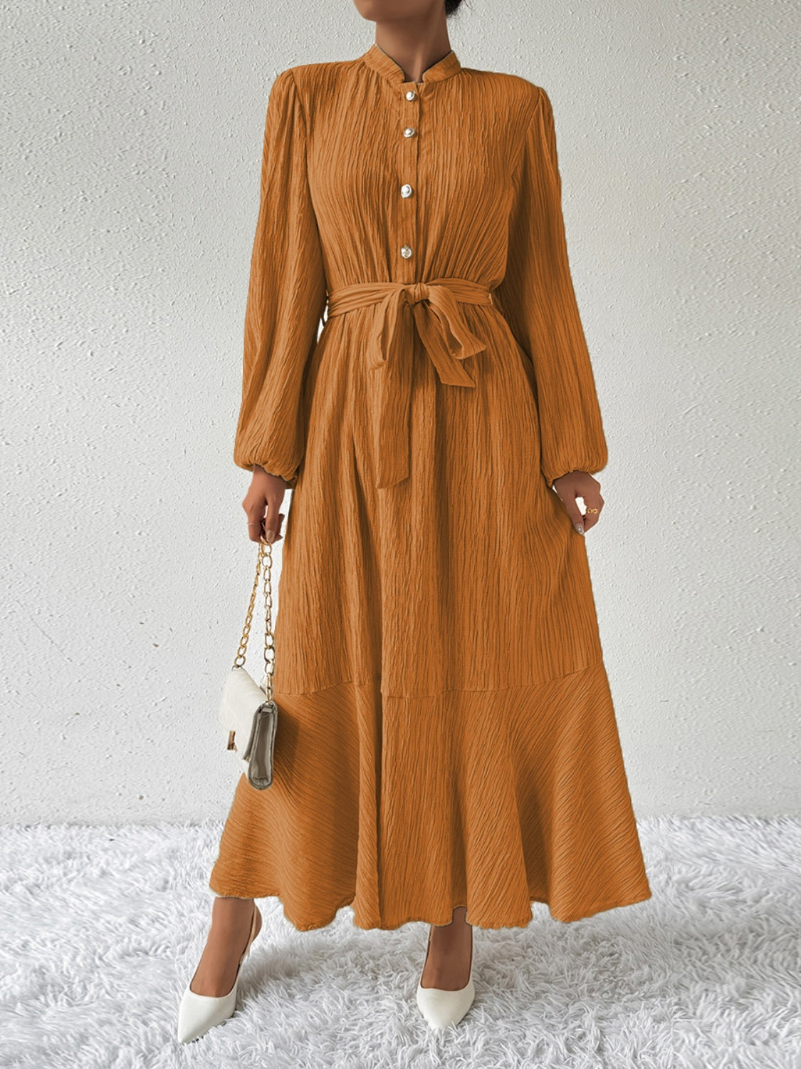 Delaney Chic Long Sleeved Maxi Dress with Tie Belt Elevated Occasion Wear