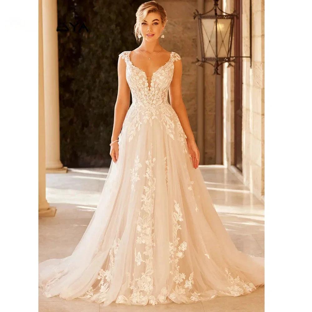 Elegant Wedding Dress For Women V-Neck Cap Sleeve Lace Appliques Vestido De Noiva With Button Sweep Train Custom Made by payinti