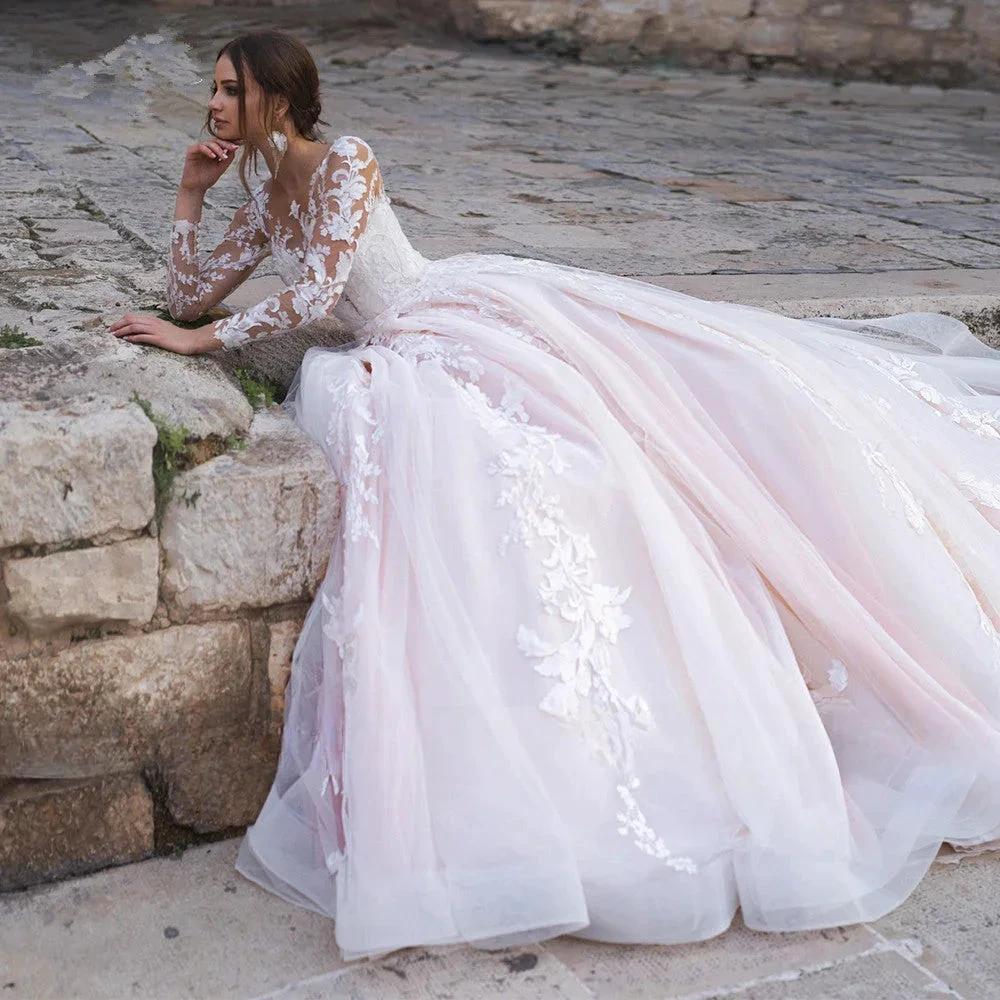 Sexy Deep V-neck Vestidos De Novia Appliques Vestido De Noiva Long Sleeves Wedding Dresses Lace Robe De Mariée (ZD14040)
