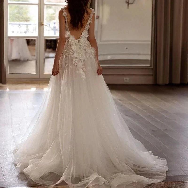 Sexy Backless Wedding Dresses For Woman V Neck Appliques Bridal Gowns Bohemian Princess Customize Tulle Vestidos (ZD13397)