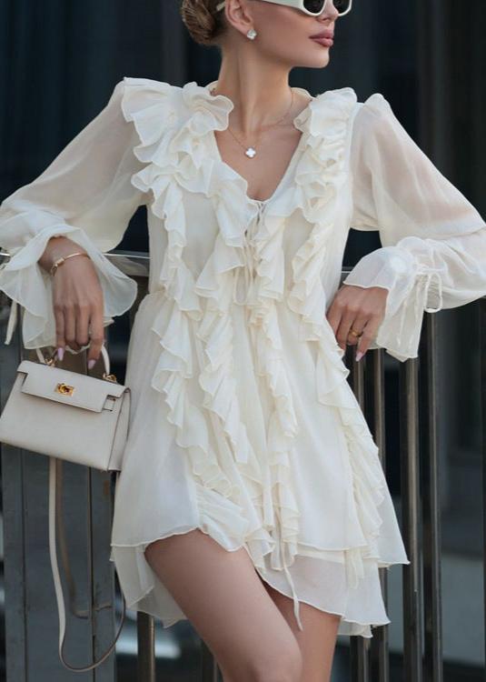 Ruffled V Neck Long Sleeve A Line Dress
