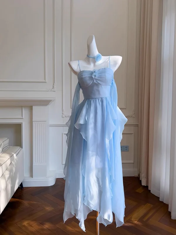 Simple Blue Spaghetti Straps Chiffon Homecoming Dress Party Dress Y8581
