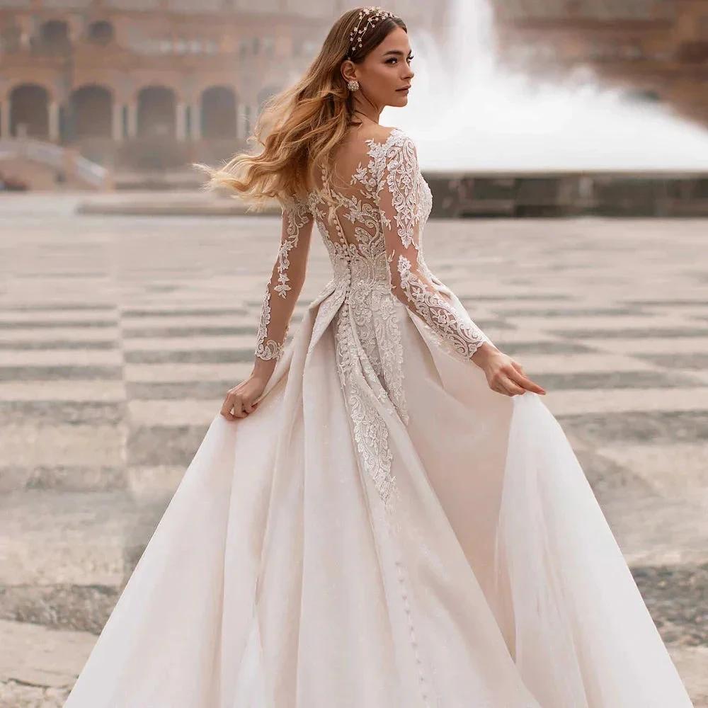 A-Line Round Neck Wedding Dress Crystal Beads Elegant Ladies Bohemian Lace Applique Long Sleeve Bride Bridal Gowns Seaside Party (ZD14141)