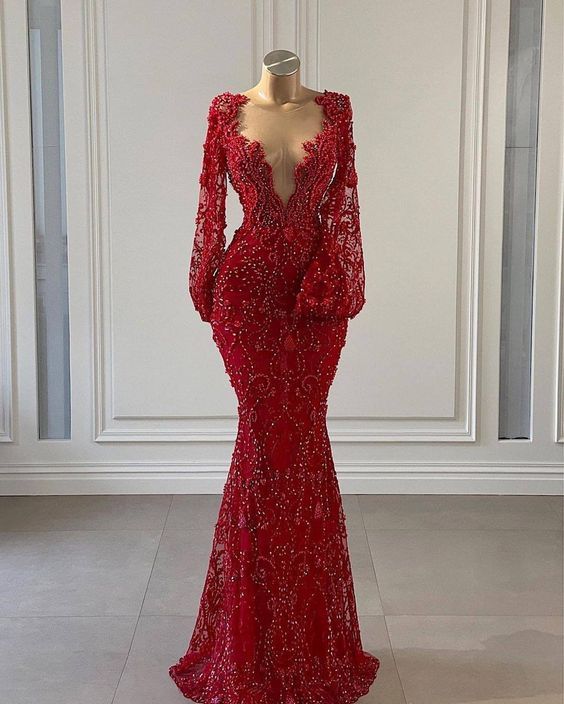 Mermaid Deep V Neck Lace Beaded Evening Dress Reception Dress Y735 - VelvetHem