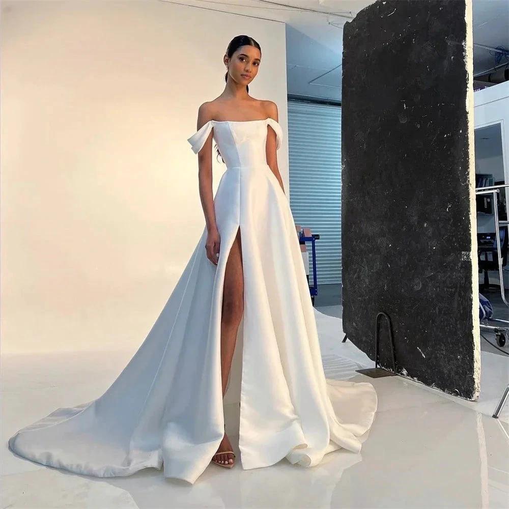 Simple A Line Satin Bride Wedding Dresses Strapless High Split Bridal Dress Women Formal Special Party Bridal Gowns (ZD13434)