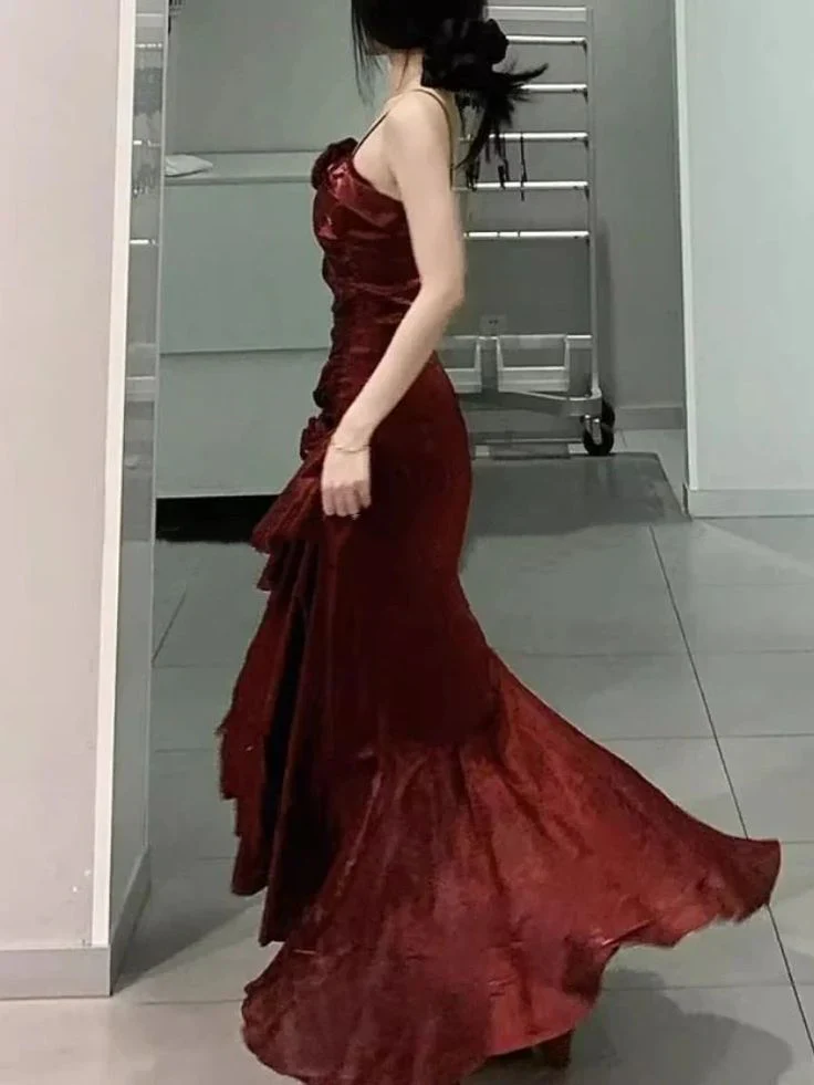 Elegant Mermaid Ruffles Spaghetti Straps Prom Dress With Flower,Formal Party Evening Dress - View 5 | VelvetHem
