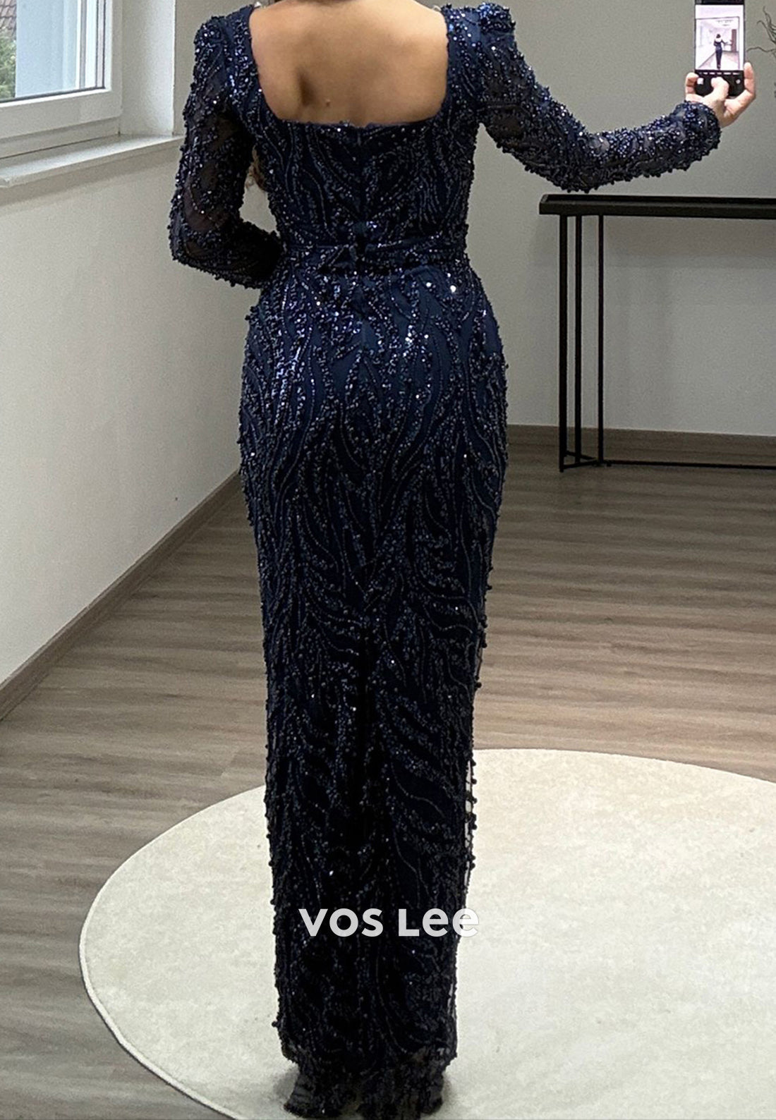 Full Beaded Square Evening Dress Long Sleeves Sheath Formal Party Gown - View 12 | VelvetHem
