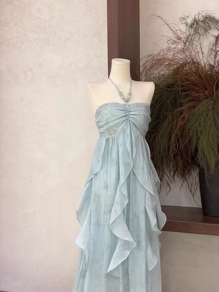 Cute Halter Ruffled Floral Prom Dress Blue Chiffon Long Vacation Dress - View 2 | VelvetHem