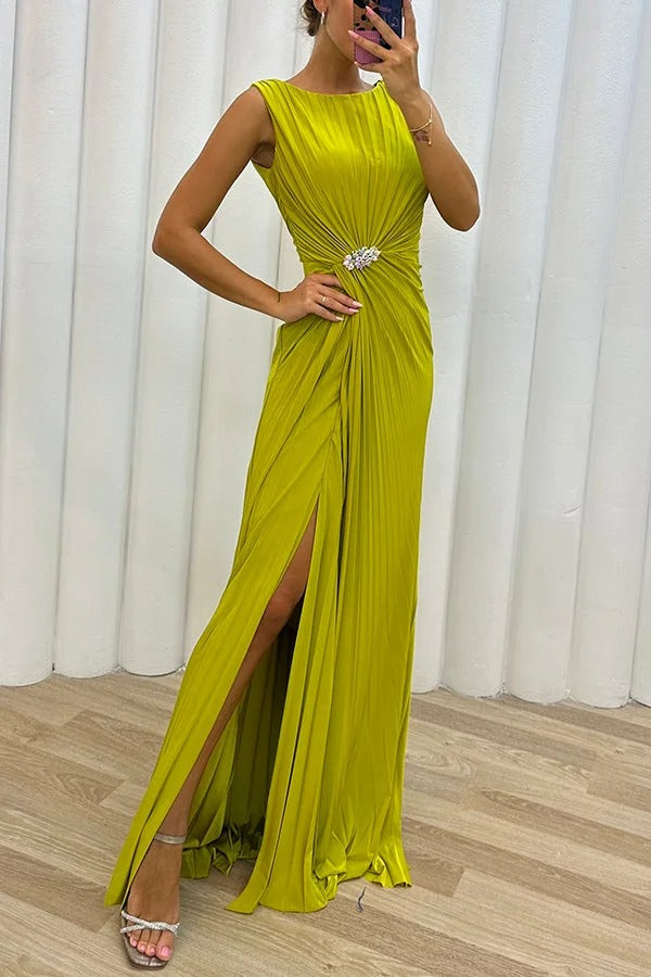 Renata Premium Pretty Special Evening Maxi Dress with Pleated Embellished Slit Statement Occasion Edit