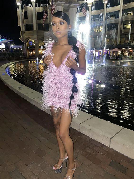 Deep V Neck Pink Party Dress Pink Short Homecoming Dress Y1876 by simplepromdress