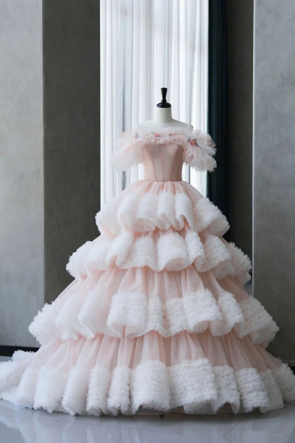 Classy Off The Shoulder Tulle Pleated Tiered Ball Gown Sweet Quinceanera Dress - VelvetHem