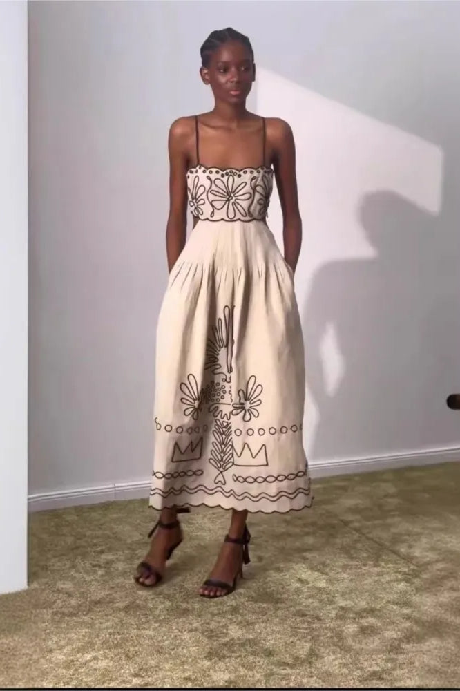 Contemporary Embroidered Spaghetti Strap Dress for Modern Fashion Wear