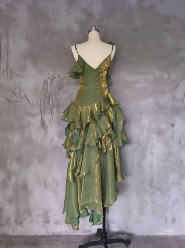 Vintage Green Asymmetrical Layered Flounce Spaghetti Strap Prom Dress Evening Gown - View 3 | VelvetHem