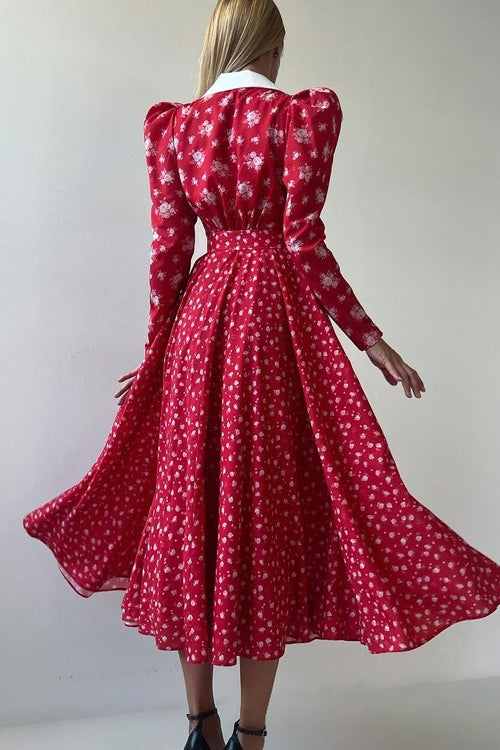 Contrast Collar Long Sleeve A Line Floral Dress