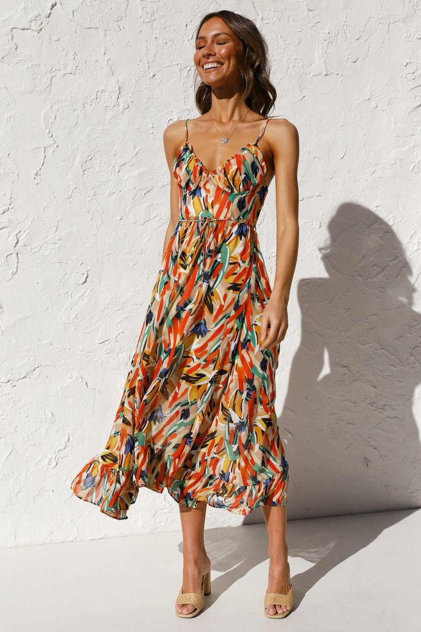 Fabiola Effortless Printed Midi Summer Dress with Ruffle Trim Elevated Occasion Wear