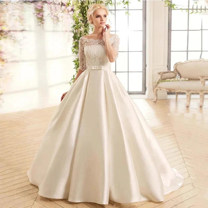 Elegant Lace Wedding Dresses For Women Half Sleevess Bride With Belt Bow Vestidos  De Novia Boda Suknia Ślubna Robe Mariée (ZD13364)