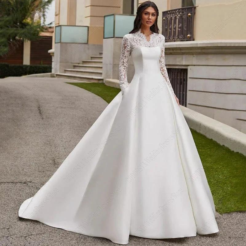 Satin Lace Ball Gowns For Bridal Appliques Full Sleeves Wedding Dresses Vestidos De Noiva Mariage Princess Custom Made (ZD13444) - VelvetHem