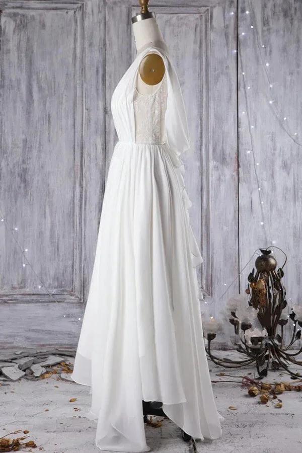 Affordable A-line Asymmetric Lace Chiffon Open Back Wedding Dress (ZD14373)