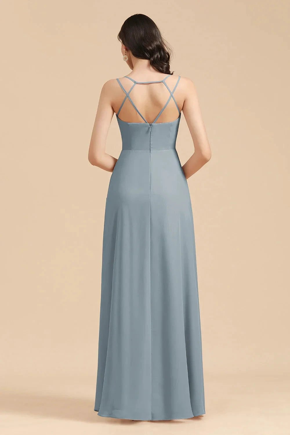 Affordable V-Neck Ruffle Dusty Blue Chiffon Bridesmaid Dresses (ZD12870)