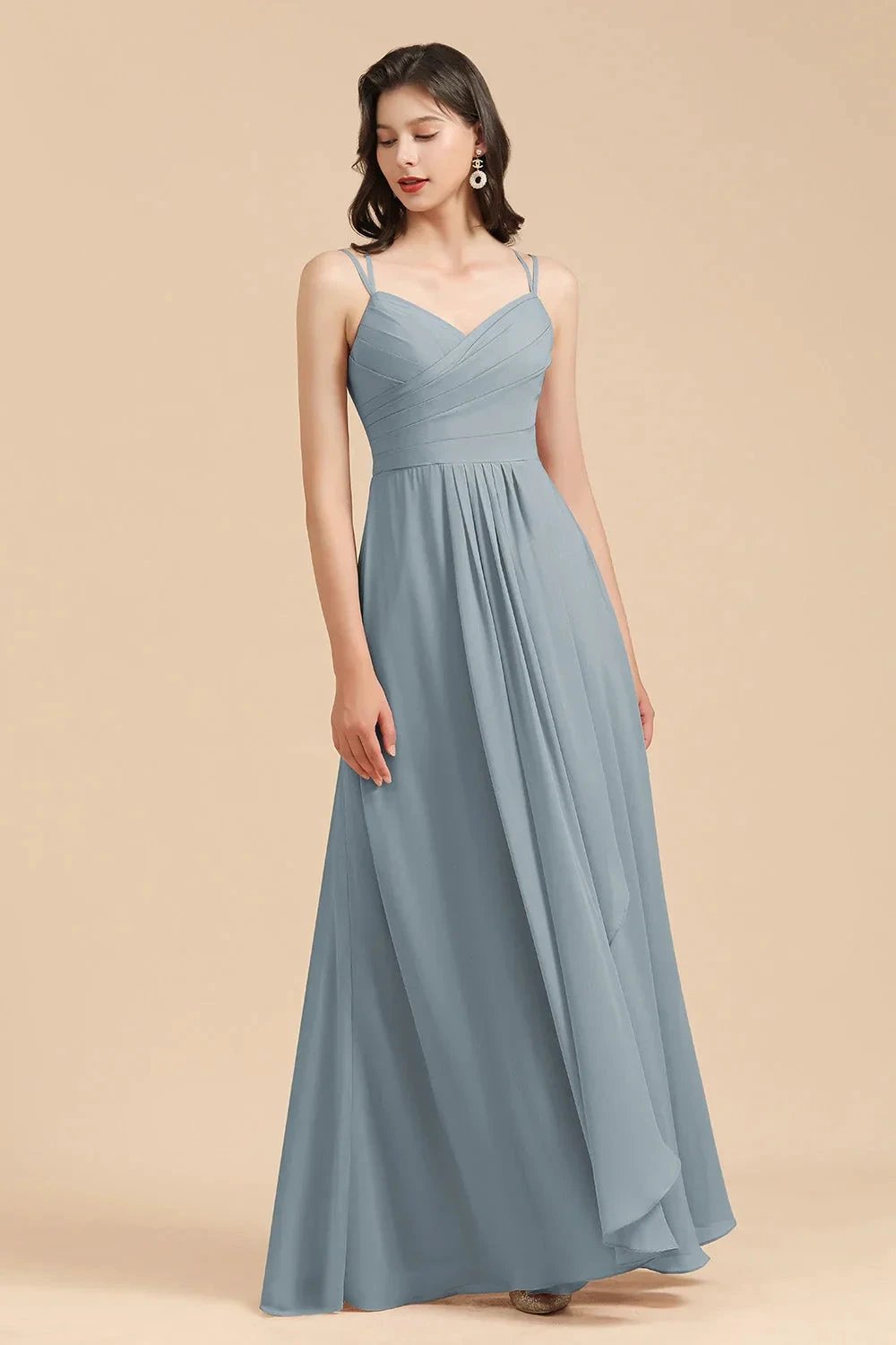 Affordable V-Neck Ruffle Dusty Blue Chiffon Bridesmaid Dresses (ZD12870)