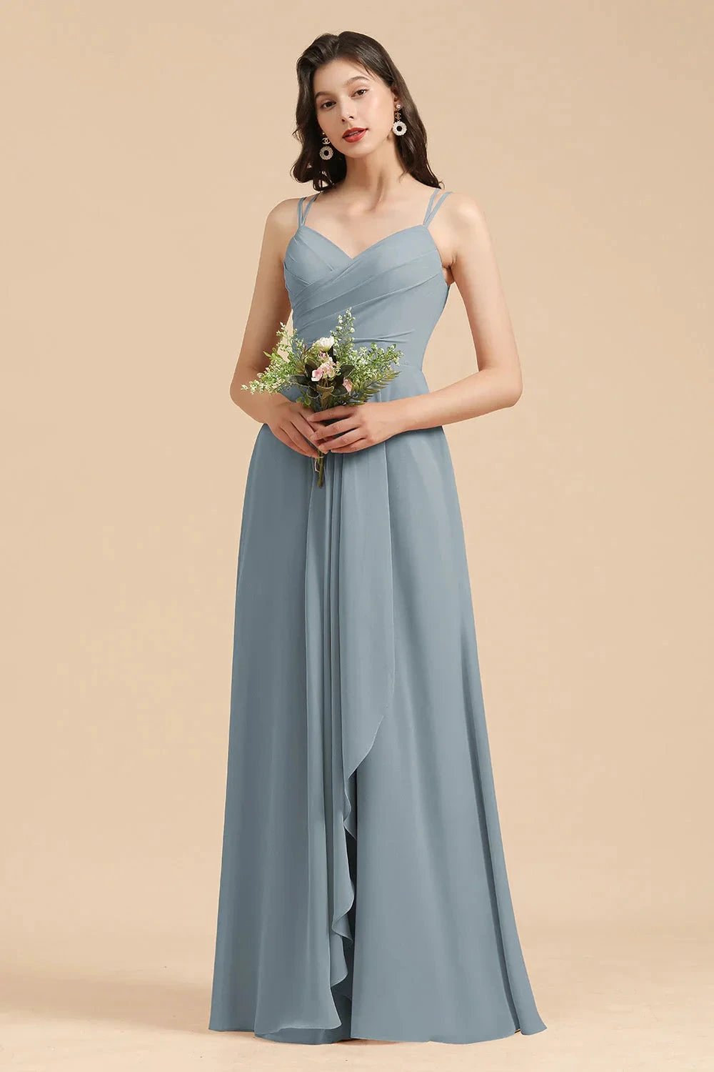 Affordable V-Neck Ruffle Dusty Blue Chiffon Bridesmaid Dresses (ZD12870)