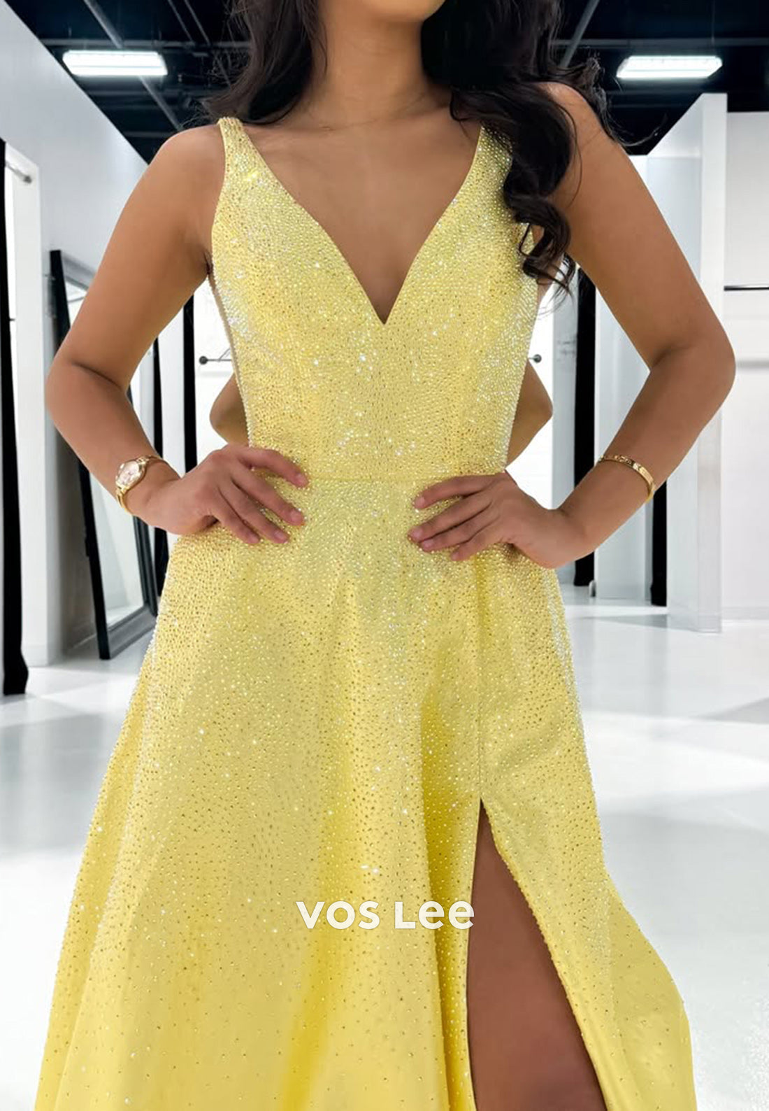 Yellow Simple Straps V-Neck A-Line with Slit Satin Evening Dress Prom Gown - View 3 | VelvetHem