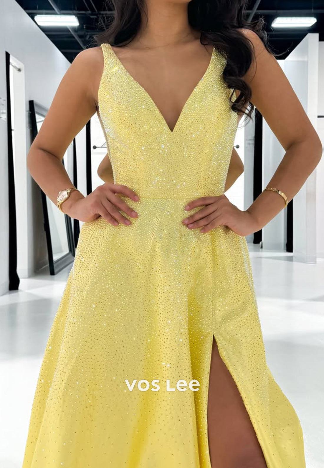 Yellow Simple Straps V-Neck A-Line with Slit Satin Evening Dress Prom Gown - View 2 | VelvetHem