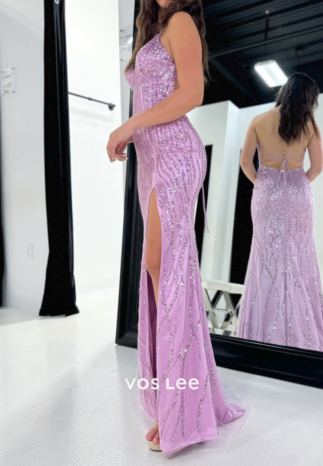 Solid Lilac Sequined Sheath with Slit Formal Evening Dress Prom Party Gown - View 2 | VelvetHem