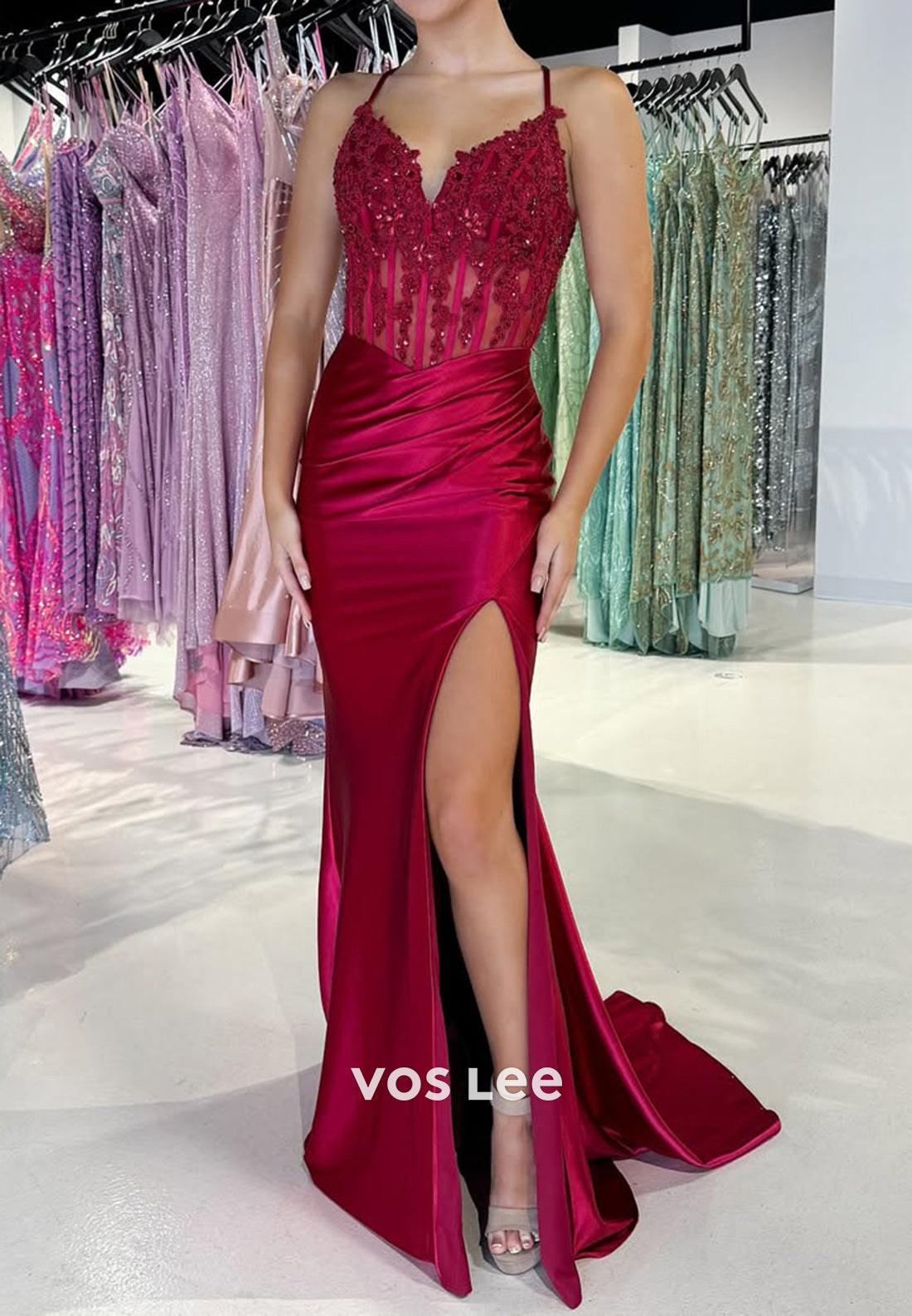 Chic Spaghetti Straps Applique Cutout Satin Formal Evening Dress Prom Gown - VelvetHem