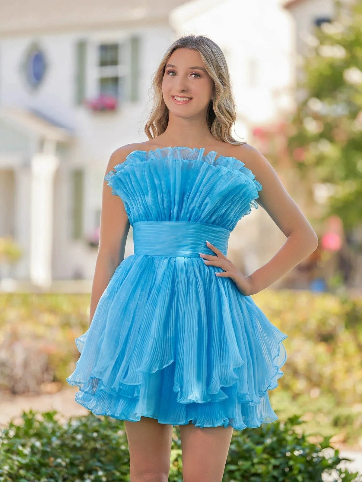 Blue A-Line Strapless Pleated Short Tiered Homecoming Dress (ZD11577) - VelvetHem