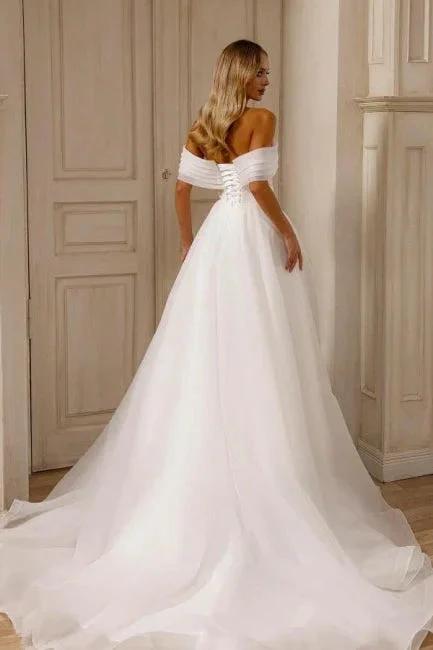 Amazing A-Line Chiffon Tulle Off-The-Shoulder Sleeveless White Wedding Dress With Split Front (ZD16475)