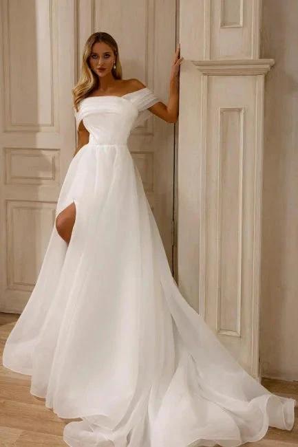 Amazing A-Line Chiffon Tulle Off-The-Shoulder Sleeveless White Wedding Dress With Split Front (ZD16475) - VelvetHem