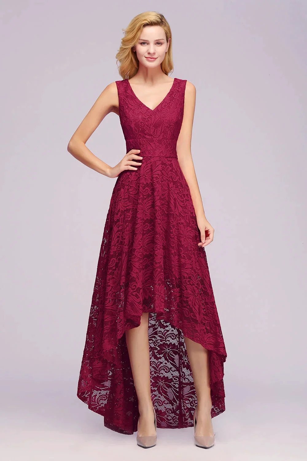 Amazing A-Line V-Neck Sleeveless Lace Bridesmaid Dress (ZD12862) - VelvetHem