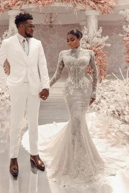 Amazing Column Lace High Neck Long Sleeve White Long Wedding Dress With Appliques Train (ZD15531)